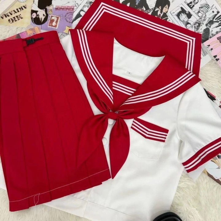 新原创jk正统制服日系可爱校服多巴胺三本短袖学院红色套装水手服