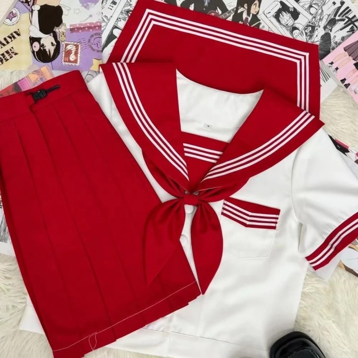 新原创jk正统制服日系可爱校服多巴胺三本短袖学院红色套装水手服图片2