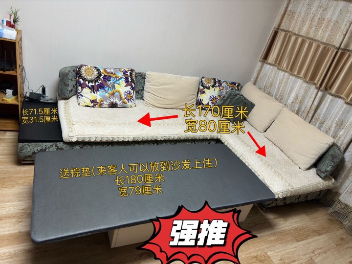 出租房必备家具 布艺沙发沙发右侧有一置物板 客放小物件，5个大垫1个抱枕，一起送…