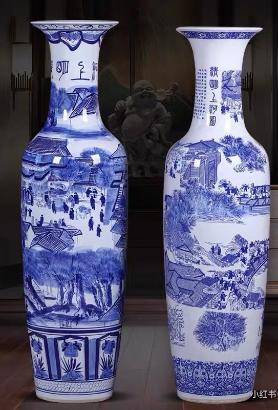 景德镇青花瓷落地大花瓶 清明上河图图案 客厅装饰摆件 高1.5米 精美手绘 白底…图片2