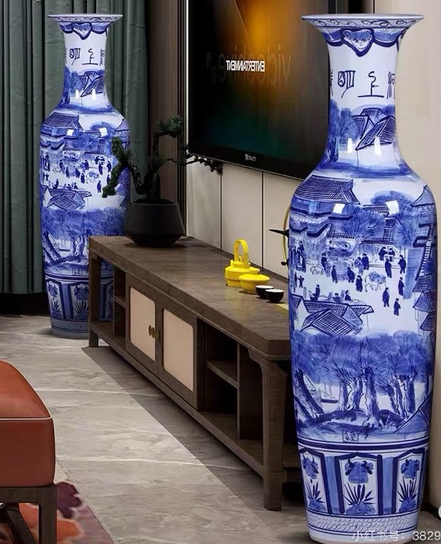 景德镇青花瓷落地大花瓶 清明上河图图案 客厅装饰摆件 高1.5米 精美手绘 白底…