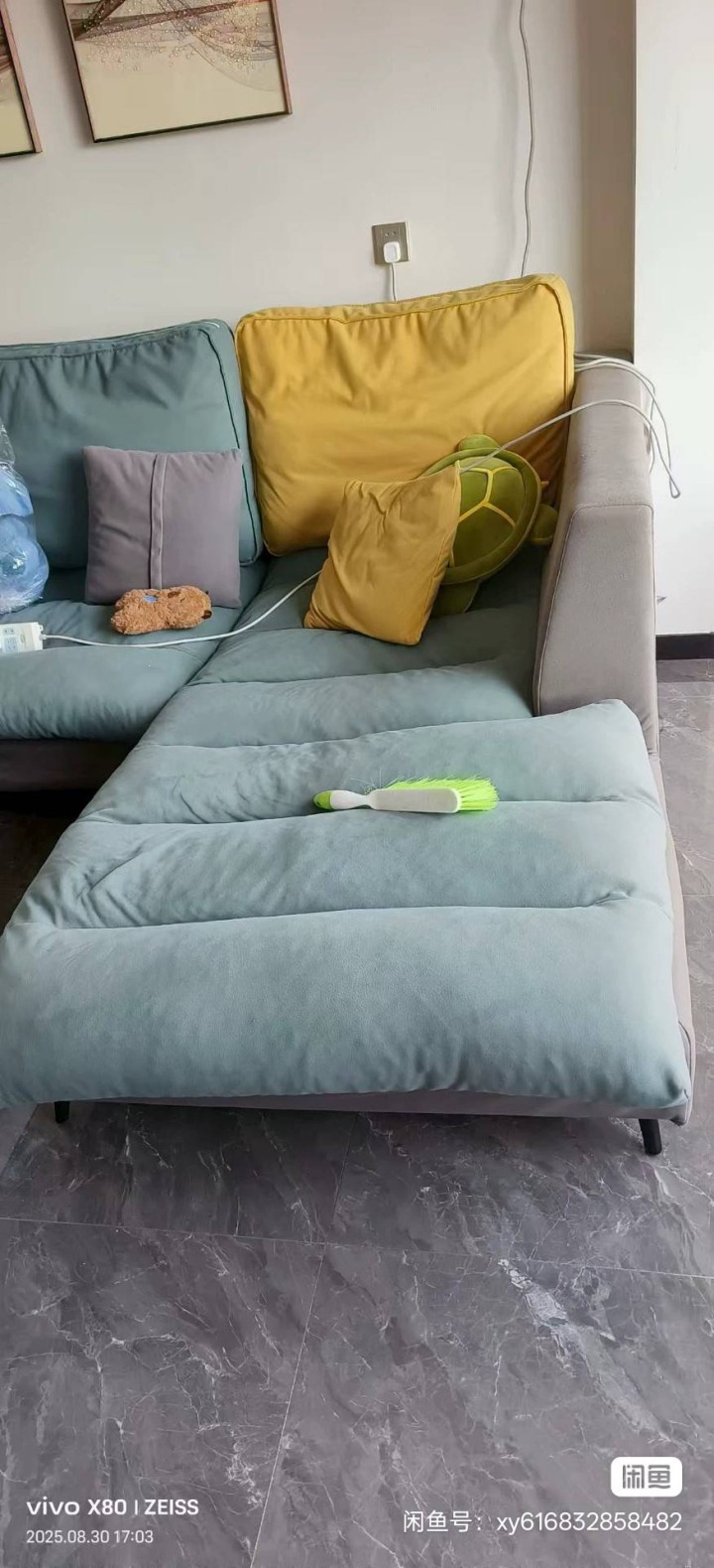 布艺沙发科技布沙发 蓝黄配色 几乎全新 多人位带贵妃椅设计 坐垫舒适度高 沙发尺…图片3