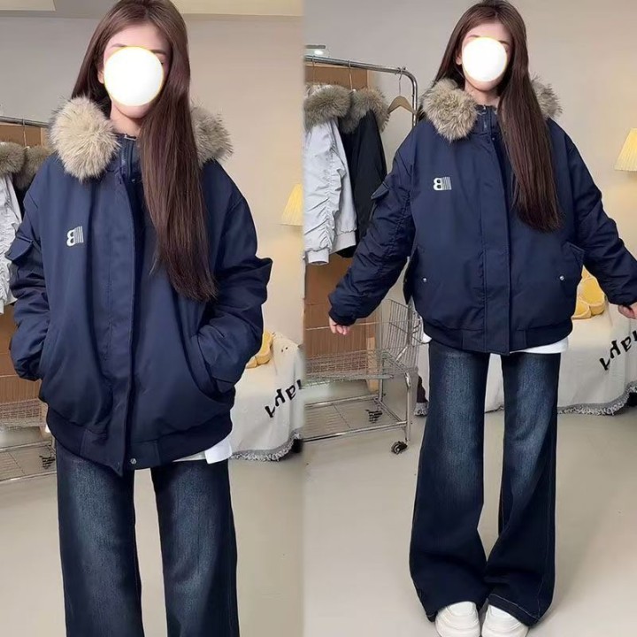 美式工装加绒可拆毛领连帽外套女秋冬派克服情侣加厚保暖夹克棉衣（藏青色），衣长68…图片2