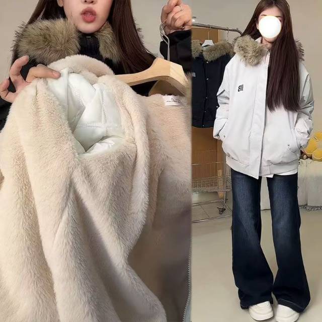 美式工装加绒可拆毛领连帽外套女秋冬派克服情侣加厚保暖夹克棉衣（藏青色），衣长68…