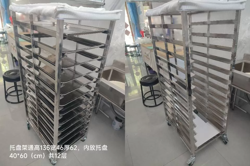 12层托盘架子车，可移动可拆装，托盘12个送了，40宽60长的304不锈钢盘子。