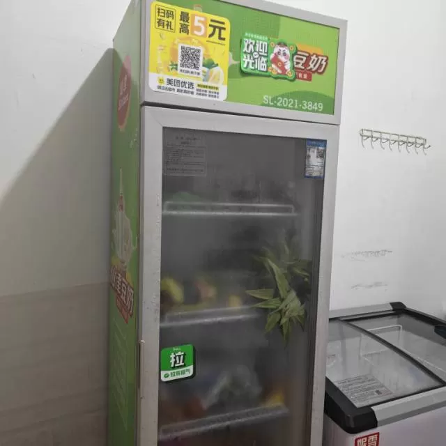 冷藏展示柜，单门设计，空间大，多层搁架，插电即用，制冷效果好。成色还可以，有点使…