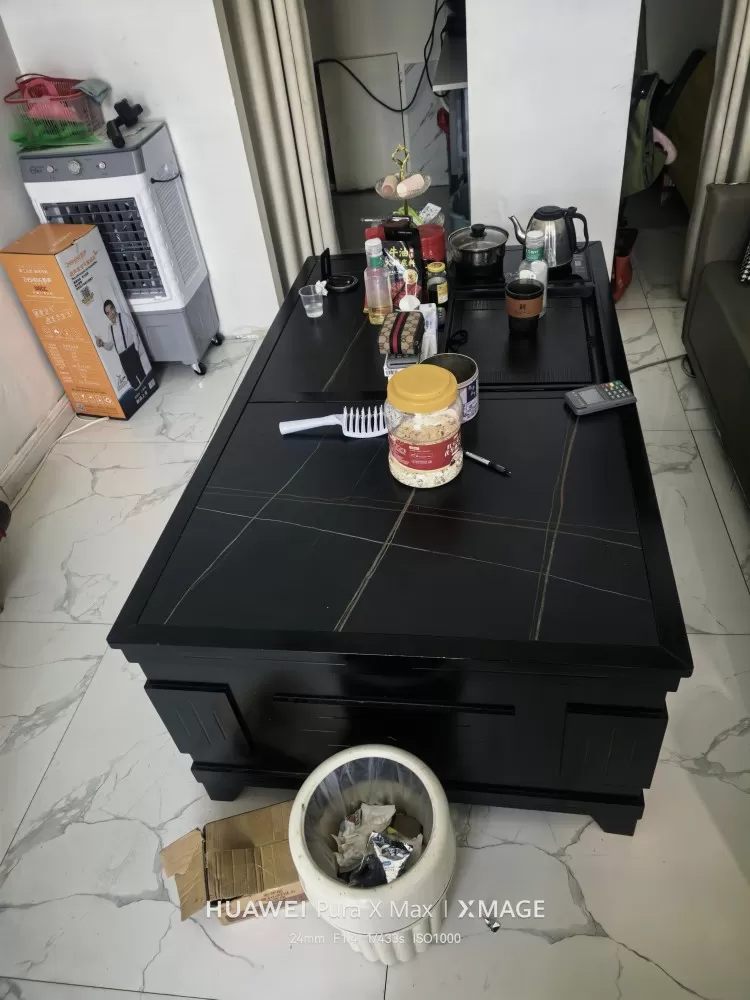 黑色功夫茶台茶几，带嵌入式茶盘和烧水功能桌面是黑色石纹台面，防水防烫好打理，自带…
